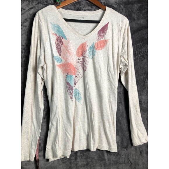 Lifestyle Tops - Sonoma Life Style Top Women Size Large Beige Leaf Detail Vneck